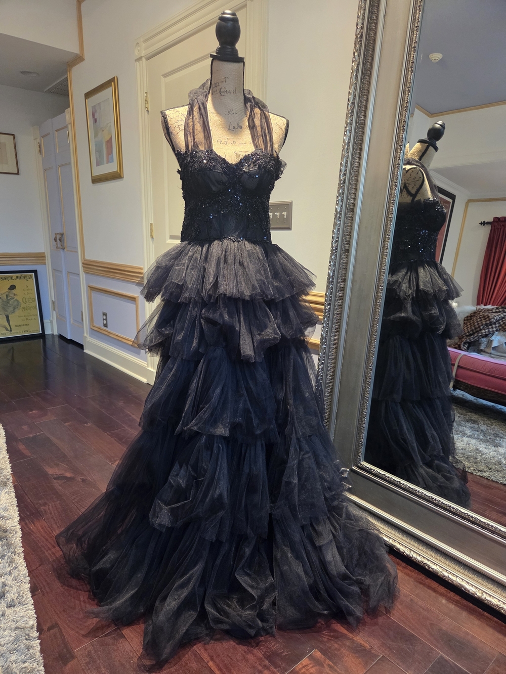 Black Tiered Tulle Evening Gown M